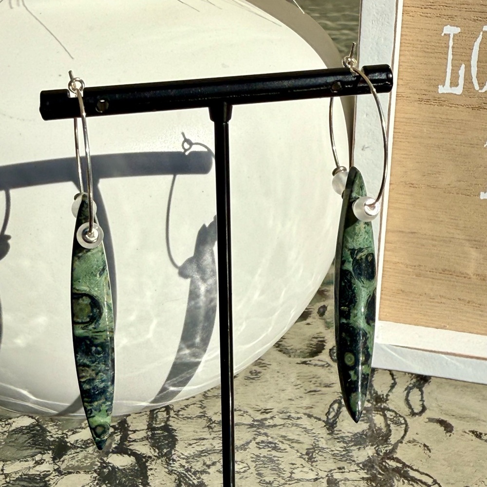 Ocean Kambaba Jasper & Selenite Sterling Silver Hoop Dangle Earrings